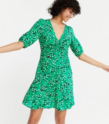 Green Ditsy Floral Ruched Mini Dress ...